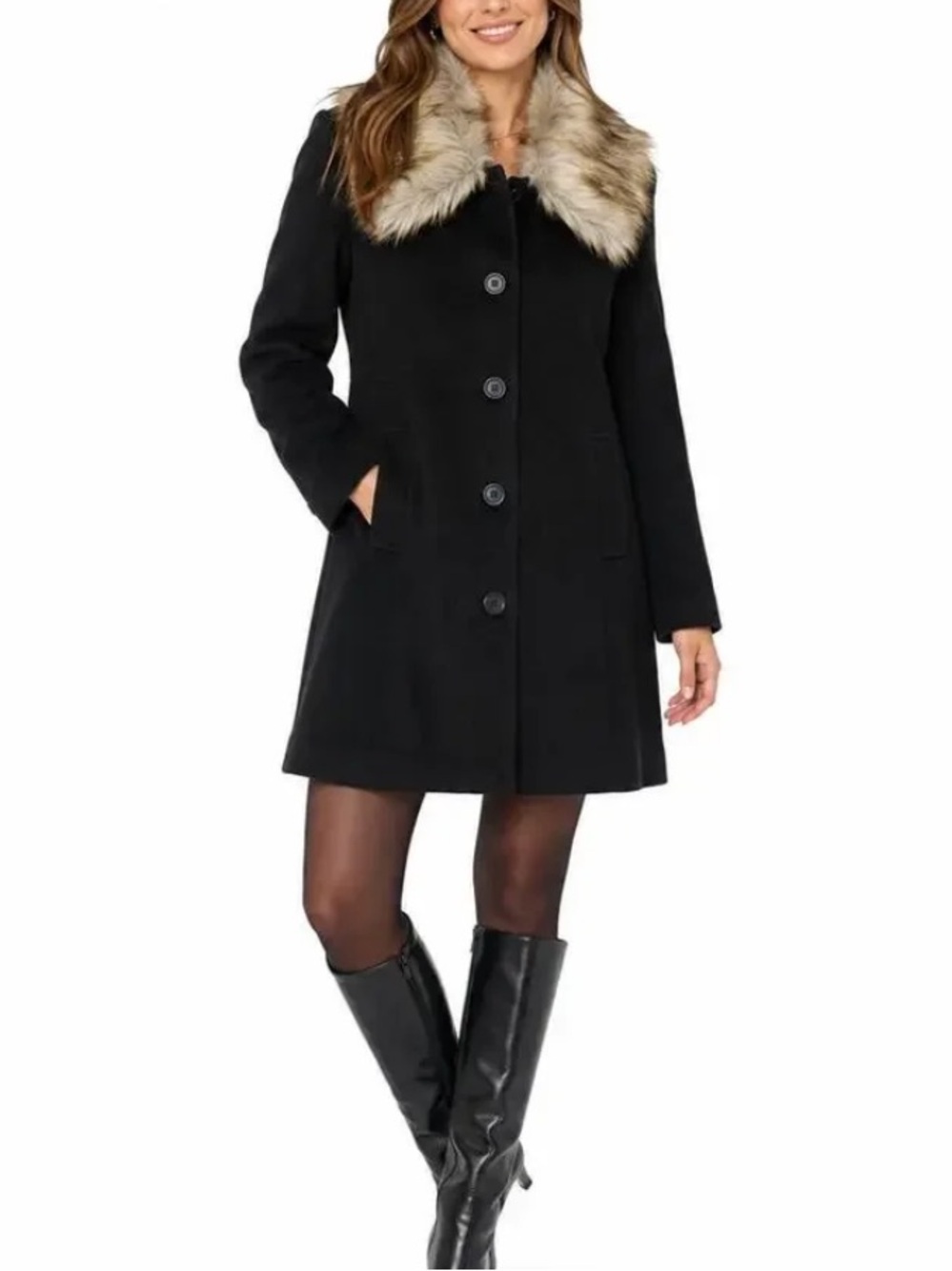 Kate Spade Black Wool Bow Back Coat Removable Faux Fur Collar Sz L NWOT